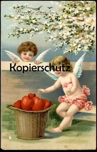 ALTE POSTKARTE ENGEL ANGEL ANGE AMOR BONNE ANNÉE KORB MIT HERZEN HERZ NEUJAHR angels cpa Ansichtskarte postcard AK