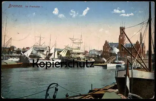 ALTE POSTKARTE BREMEN IM FREIHAFEN I. SEGELSCHIFF FRACHTSCHIFF SCHIFF cargo sailing ships vessels Schiffe cpa postcard