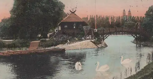ALTE POSTKARTE FÄHRHAUS MITTAGSEE MAGDEBURG SCHWÄNE SCHWAN STEMPEL VERBANDSTAG DEUTSCHER HÄNDLER Ansichtskarte postcard