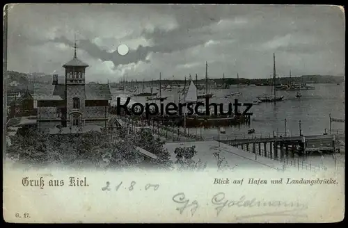 ALTE MONDSCHEIN POSTKARTE GRUSS AUS KIEL BLICK AUF HAFEN UND LANDUNGSBRÜCKE harbour port cpa Ansichtskarte postcard AK