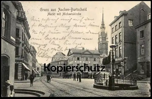 ALTE POSTKARTE GRUSS AUS AACHEN-BURTSCHEID MARKT MIT MICHAELSKIRCHE MAGGI HOTEL BADEHAUS STRASSENBAHN cpa Ansichtskarte