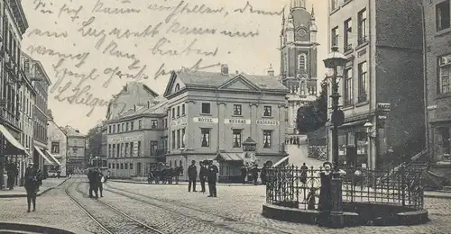 ALTE POSTKARTE GRUSS AUS AACHEN-BURTSCHEID MARKT MIT MICHAELSKIRCHE MAGGI HOTEL BADEHAUS STRASSENBAHN cpa Ansichtskarte