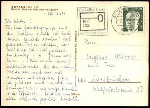 ÄLTERE POSTKARTE GÜTERSLOH BERLINER PLATZ MIT BLICK ZUM AMTSGERICHT Opel Renault R4 Ford Auto car AK Ansichtskarte