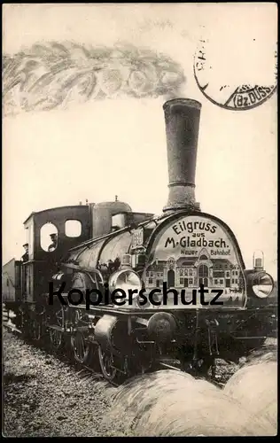 ALTE POSTKARTE EILGRUSS AUS MÖNCHENGLADBACH NEUER BAHNHOF M. GLADBACH steam engine Dampflok 1634 locomotive à vapeur cpa