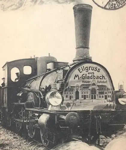 ALTE POSTKARTE EILGRUSS AUS MÖNCHENGLADBACH NEUER BAHNHOF M. GLADBACH steam engine Dampflok 1634 locomotive à vapeur cpa