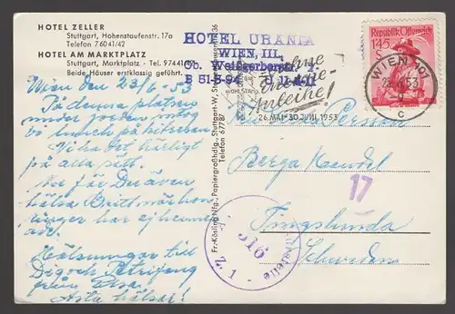 ALTE POSTKARTE HOTEL AM MARKTPLATZ STUTTGART ZELLER TEL.  Stempel Zensurstelle 316 cpa postcard AK Ansichtskarte