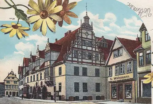 ALTE LITHO POSTKARTE GRUSS AUS CELLE RATHAUS GESCHÄFT FR. WÖHRMANN 1903 NACHTRÄGLICH HANDSCHRIFTLICH ENTWERTET