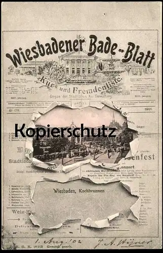 ALTE POSTKARTE WIESBADENER BADE-BLATT WIESBADEN KOCHBRUNNEN KUR- UND FREMDENLISTE newspaper cpa postcard Ansichtskarte
