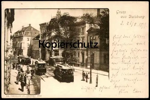 ALTE POSTKARTE GRUSS AUS DUISBURG 1899 STRASSENBAHN MÖBELFABRIK G. HÜBNER & SÖHNE tram tramway Ansichtskarte postcard