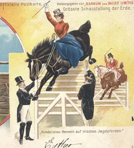 ALTE LITHO POSTKARTE BARNUM AND BAILEY ZIRKUS SCHAUSTELLUNG horse jumping pony cirque circus dresseur cpa Ansichtskarte