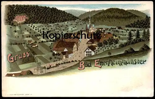 ALTE LITHO POSTKARTE GRUSS AUS BAD ETTENHEIMMÜNSTER ETTENHEIM Bahn Zug Train cpa AK postcard Ansichtskarte