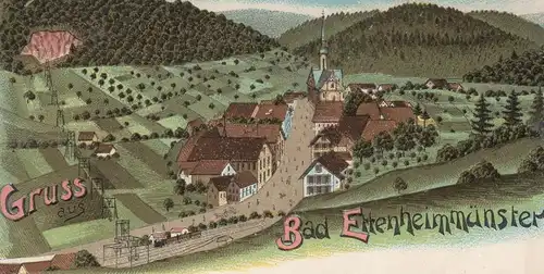 ALTE LITHO POSTKARTE GRUSS AUS BAD ETTENHEIMMÜNSTER ETTENHEIM Bahn Zug Train cpa AK postcard Ansichtskarte