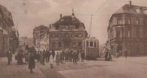 ALTE POSTKARTE PIRMASENS SCHLOSS- UND HAUPTSTRASSE tram tramway Briefmarke Volksstaat Bayern postcard cpa AK