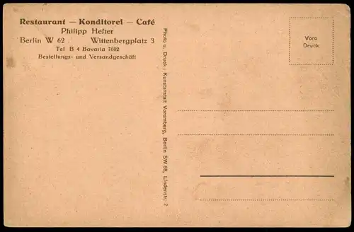 ALTE POSTKARTE BERLIN KONDITOREI PHILIPP HEFTER RESTAURANT W62 WITTENBERGPLATZ 3 Berlin Kindl postcard cpa AK