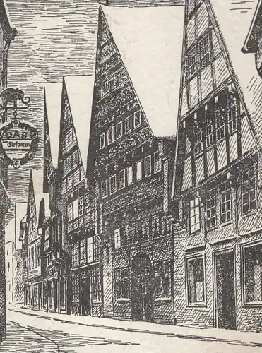 ALTE KARTE KÜNSTLER ZEICHNUNG BIERSTRASSE IM ALTEN OSNABRÜCK KNEIPE ZUM ELEFANTEN Elefant elephant postcard cpa AK