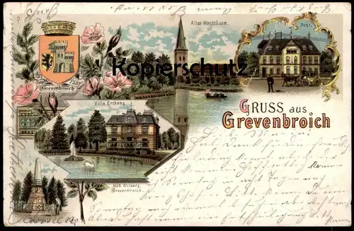 ALTE LITHO POSTKARTE GRUSS AUS GREVENBROICH POST ALTER KIRCHTHURM VILLA ERCKENS DENKMAL postcard Ansichtskarte cpa AK