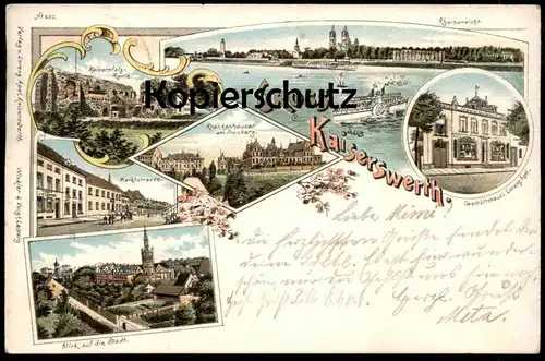 ALTE LITHO POSTKARTE GRUSS AUS KAISERSWERTH KAISERPFALZ RUINE GESCHÄFTSHAUS APEL Düsseldorf postcard Ansichtskarte cpa