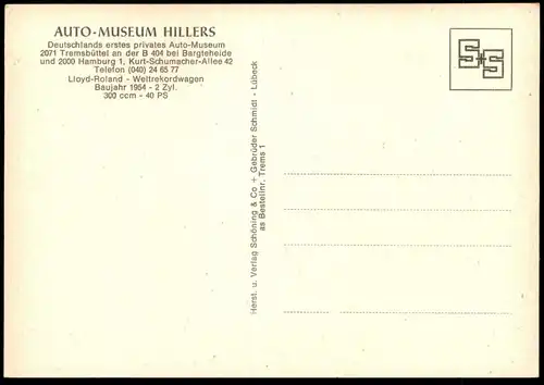 ÄLTERE POSTKARTE LLOYD ROLAND 1954 WELTREKORDWAGEN AUTO-MUSEUM HILLERS TREMSBÜTTEL car postcard Ansichtskarte cpa AK