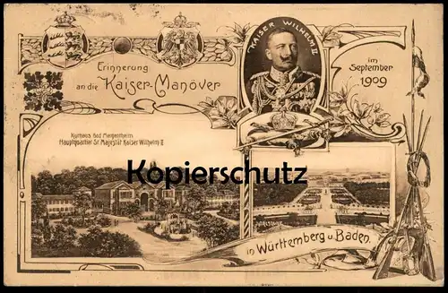 ALTE POSTKARTE ERINNERUNG AN DIE KAISER-MANÖVER IM SEPTEMBER 1909 KAISER WILHELM II KARLSRUHE BAD MERGENTHEIM cpa AK