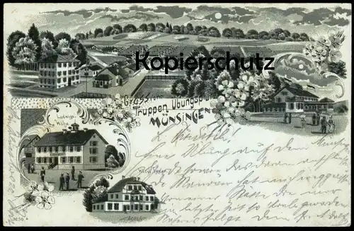 ALTE LITHO POSTKARTE GRUSS VOM TRUPPENÜBUNGSPLATZ MÜNSINGEN 1898 HOTEL FEZER TRUPPEN ÜBUNGSPLATZ Ansichtskarte postcard