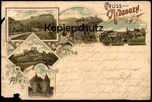ALTE LITHO POSTKARTE GRUSS AUS NIDEGGEN HAUPTTHURM DER BURGRUINE NIDEGGER BRÜCK DÜRENER THOR cpa Ansichtskarte postcard