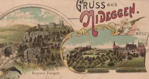 ALTE LITHO POSTKARTE GRUSS AUS NIDEGGEN HAUPTTHURM DER BURGRUINE NIDEGGER BRÜCK DÜRENER THOR cpa Ansichtskarte postcard