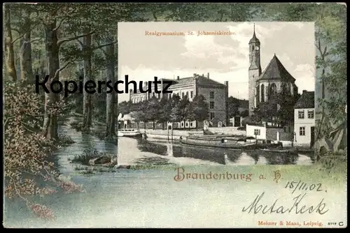 ALTE LITHO POSTKARTE BRANDENBURG AN DER HAVEL REALGYMNASIUM ST. JOHANNISKIRCHE Schule AK postcard Ansichtskarte cpa