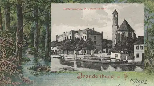 ALTE LITHO POSTKARTE BRANDENBURG AN DER HAVEL REALGYMNASIUM ST. JOHANNISKIRCHE Schule AK postcard Ansichtskarte cpa