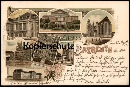 ALTE LITHO POSTKARTE GRUSS AUS BAYREUTH LEHRER-SEMINAR INNERES DES OPERNHAUSES JEAN PAUL DENKMAL postcard Ansichtskarte
