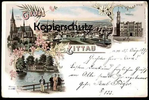 ALTE LITHO POSTKARTE GRUSS AUS ZITTAU 1897 WEINAU RESTAURANT TEICH KATH. KIRCHE RATHHAUS AK postcard Ansichtskarte cpa