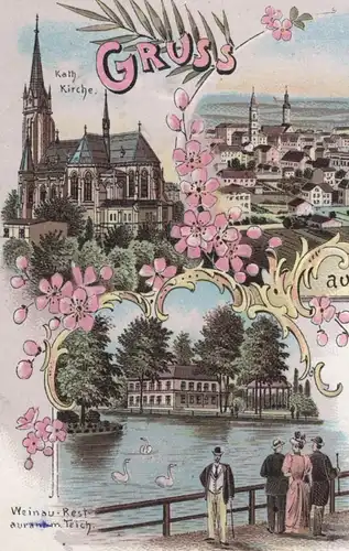 ALTE LITHO POSTKARTE GRUSS AUS ZITTAU 1897 WEINAU RESTAURANT TEICH KATH. KIRCHE RATHHAUS AK postcard Ansichtskarte cpa
