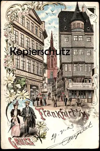 ALTE LITHO POSTKARTE GRUSS AUS FRANKFURT AM MAIN ALTER MARKT SAMEN-HANDLUNG BEUMER & WIRTH A. REICHERT-HAUSSER HUT BAZAR