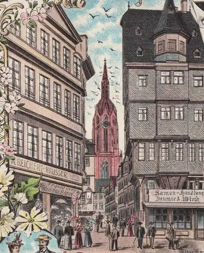 ALTE LITHO POSTKARTE GRUSS AUS FRANKFURT AM MAIN ALTER MARKT SAMEN-HANDLUNG BEUMER & WIRTH A. REICHERT-HAUSSER HUT BAZAR