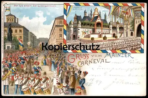 ALTE LITHO POSTKARTE GRUSS VOM MAINZER CARNEVAL 1897 ZUG KARNEVAL MAINZ carnival carnaval cpa AK Ansichtskarte postcard