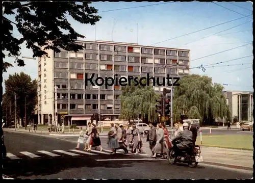 ÄLTERE POSTKARTE LEVERKUSEN STADTHOCHHAUS PLAKAT KEINE ATOMWAFFEN SOWIE CDU no nuclear weapon Motorrad postcard cpa