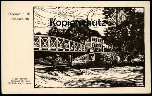 ALTE POSTKARTE GREVEN IN WESTFALEN SCHÖNEFLIETH HOLZSCHNITT W. PALMES LINOL Ansichtskarte cpa AK postcard
