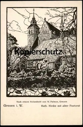 ALTE POSTKARTE GREVEN KATHOLISCHE KIRCHE MIT ALTER PASTORAT HOLZSCHNITT W. PALMES LINOL Ansichtskarte cpa AK postcard
