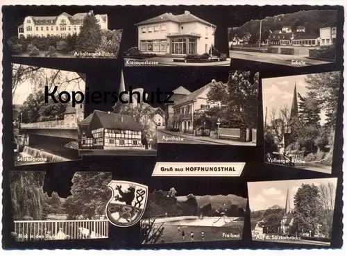 ÄLTERE POSTKARTE GRUSS AUS HOFFNUNGSTHAL APOTHEKE KREISSPARKASSE FREIBAD VOLBERGER KIRCHE AWO SÜLZTALBRÜCKE Rösrath AK