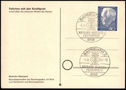 ALTE POSTKARTE FAHRTEN MIT DER KRAFTPOST OMNIBUS POSTBUS BERCHTESGADEN BLAUEISGLETSCHER SONDERSTEMPEL Wagner Festspiele