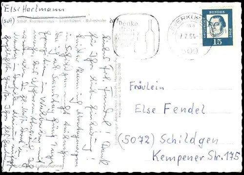 ÄLTERE POSTKARTE LEVERKUSEN STÄDTISCHES KRANKENHAUS HELMUT LEHMACHER VERKAUFSSTAND BAHNSTRASSE hospital cpa AK postcard