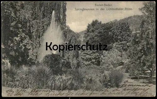 ALTE POSTKARTE BADEN-BADEN 1908 SPRINGBRUNNEN IN DER LICHTENTHALER ALLEE fountain fontaine cpa AK Ansichtskarte postcard