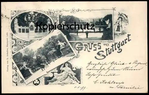 ALTE JUGENDSTIL POSTKARTE GRUSS AUS STUTTGART HAHNEL 1898 Schirm umbrella parapluie Pferde horses Ansichtskarte postcard