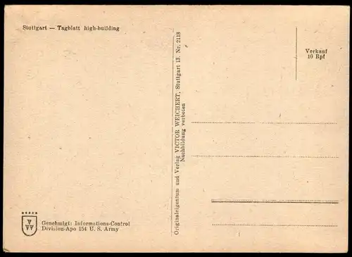 ALTE POSTKARTE STUTTGART TAGBLATT HOCHHAUS GENEHMIGT DURCH U.S. ARMY Ansichtskarte cpa AK postcard