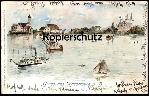 ALTE LITHO POSTKARTE GRUSS AUS WASSERBURG AM BODENSEE 1901 STEMPEL HOTEL SPRINGER Schiff postcard Ansichtskarte cpa AK