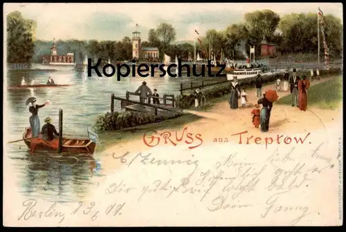 ALTE LITHO POSTKARTE GRUSS AUS TREPTOW BERLIN PAAR IM BOOT 1899 cpa postcard AK Ansichtskarte