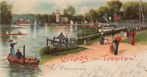 ALTE LITHO POSTKARTE GRUSS AUS TREPTOW BERLIN PAAR IM BOOT 1899 cpa postcard AK Ansichtskarte