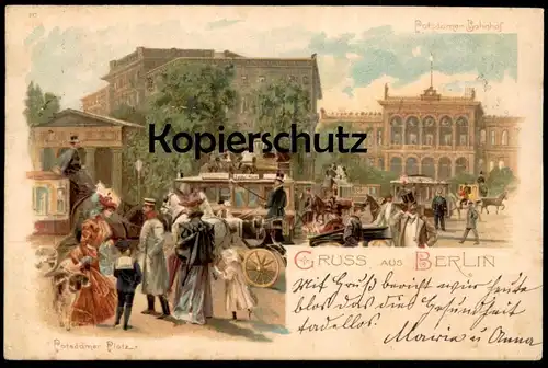 ALTE LITHO POSTKARTE GRUSS AUS BERLIN POTSDAMER BAHNHOF PLATZ Strassenbahn Spittel Markt tram postcard AK Ansichtskarte