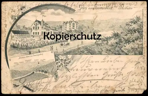 ALTE LITHO POSTKARTE GRUSS VOM TAUNUSBLICK BEI WIESBADEN 1897 DAMPFLOK ZUG train cpa postcard AK Ansichtskarte