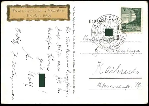 ALTE KÜNSTLER POSTKARTE RATHAUS ZU BRESLAU TURN- & SPORTFEST 1938 Aufkleber Sonderstempel Sign. Franz Huth Ansichtskarte