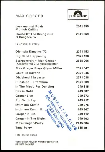 ALTE AUTOGRAMMKARTE MAX GREGER AUTOGRAMM-KARTE SAXOPHON STAR CLUB MERKSTEIN autograph saxophone postcard Ansichtskarte